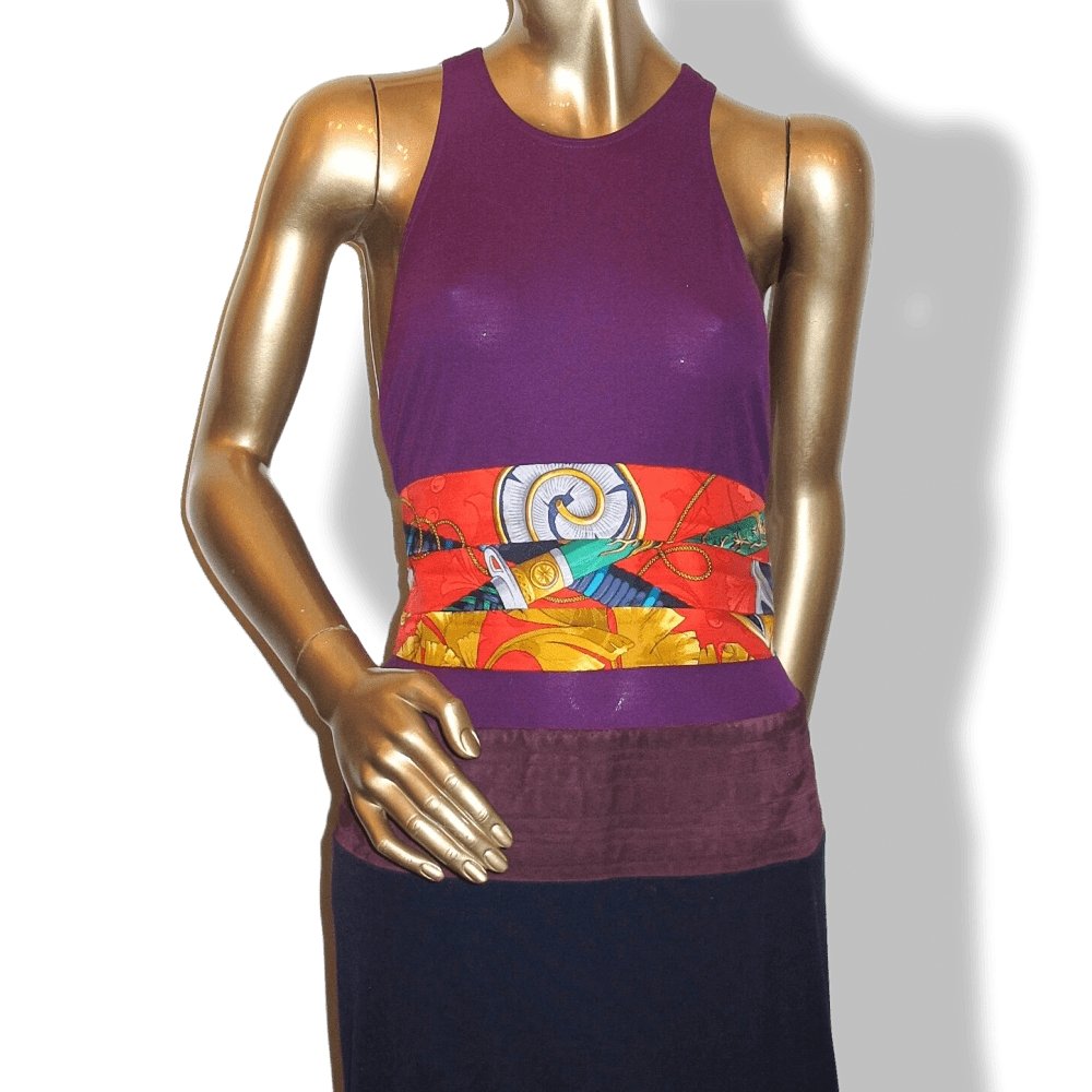 Hermes 1990s Red Gold DAIMYO PRINCES DU SOLEIL LEVANT Tuxedo Jacquard Printed Silk Adjustable Large Belt, BNEW!
