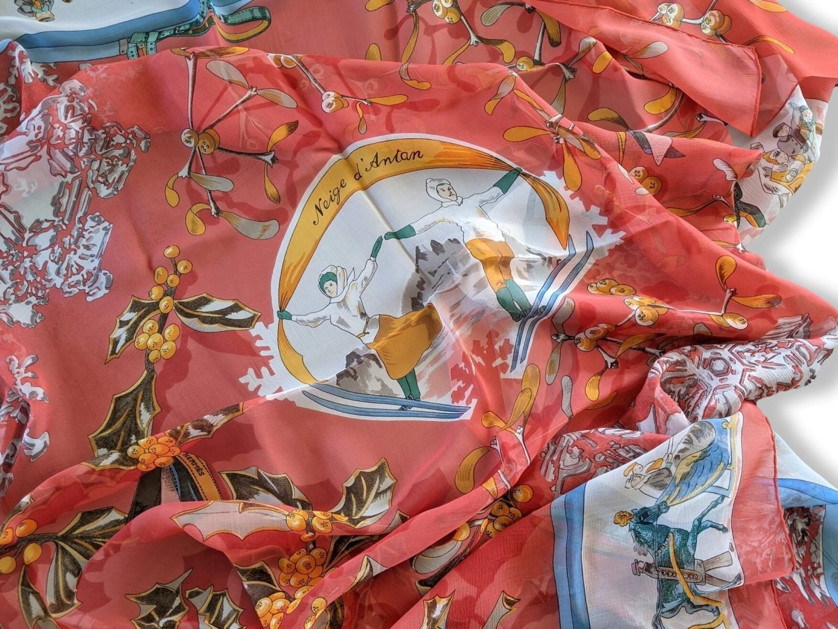 Hermes 1990s Rouge NEIGE DANTAN by Caty Latham Mousseline Chiffon Shawl 140, RARE, NIB!