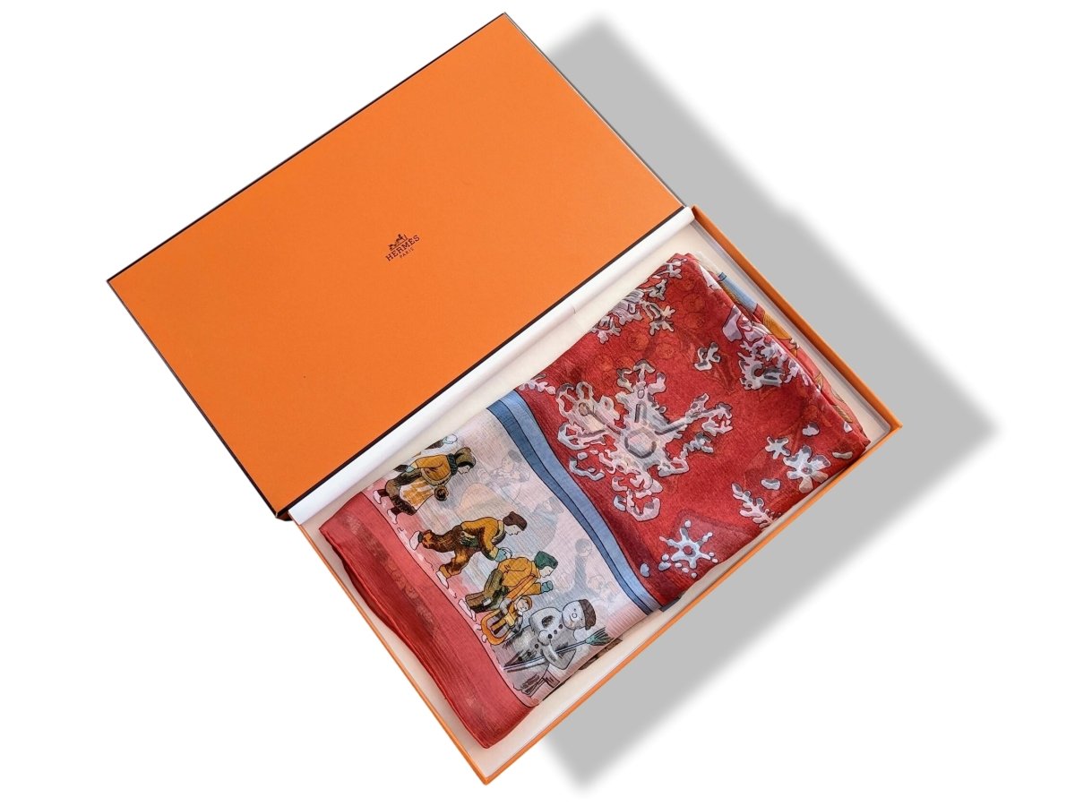 Hermes 1990s Rouge NEIGE DANTAN by Caty Latham Mousseline Chiffon Shawl 140, RARE, NIB!