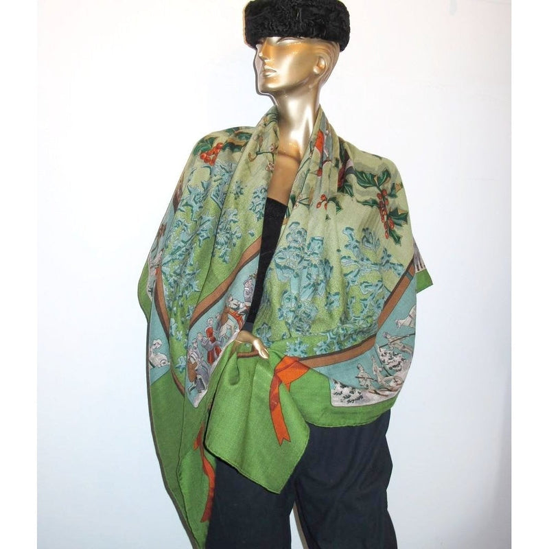 Hermes 1991 Green Neige d'Antan Cashmere Shawl Rare Palette!