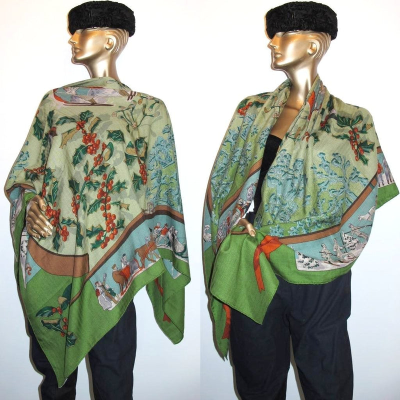 Hermes 1991 Green Neige d'Antan Cashmere Shawl Rare Palette!