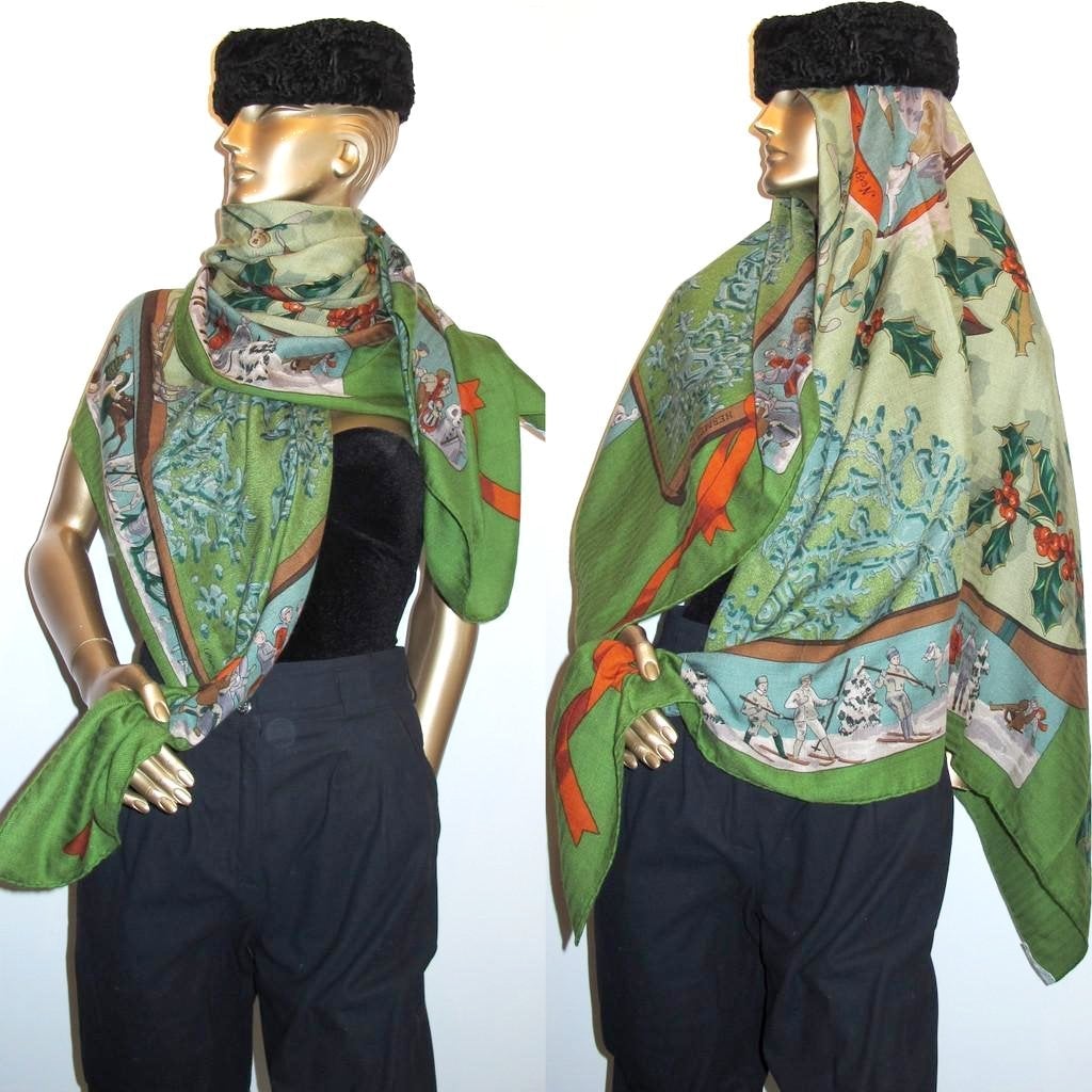Hermes 1991 Green Neige d'Antan Cashmere Shawl Rare Palette!