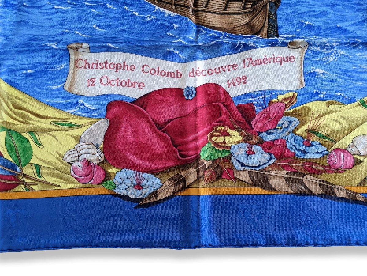 Hermes 1992 Bleu Vif CHRISTOPHE COLOMB DECOUVRE L'AMERIQUE by Carl de Parcevaux Jacquard Twill Silk, Mint!t!