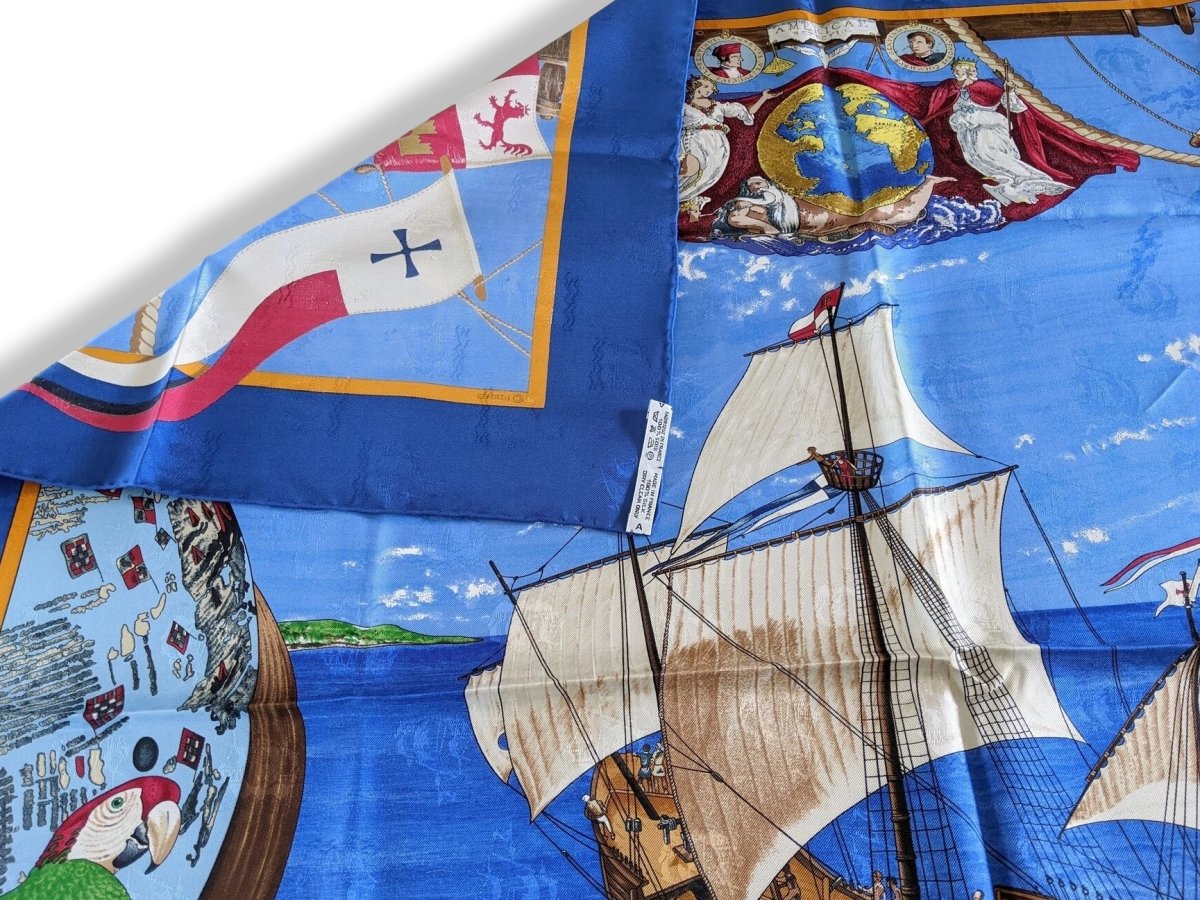 Hermes 1992 Bleu Vif CHRISTOPHE COLOMB DECOUVRE L'AMERIQUE by Carl de Parcevaux Jacquard Twill Silk, Mint!t!