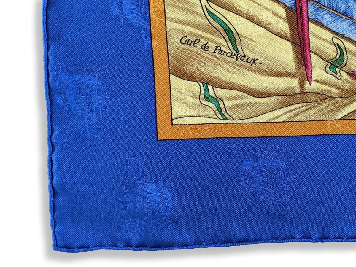 Hermes 1992 Bleu Vif CHRISTOPHE COLOMB DECOUVRE L'AMERIQUE by Carl de Parcevaux Jacquard Twill Silk, Mint!t!