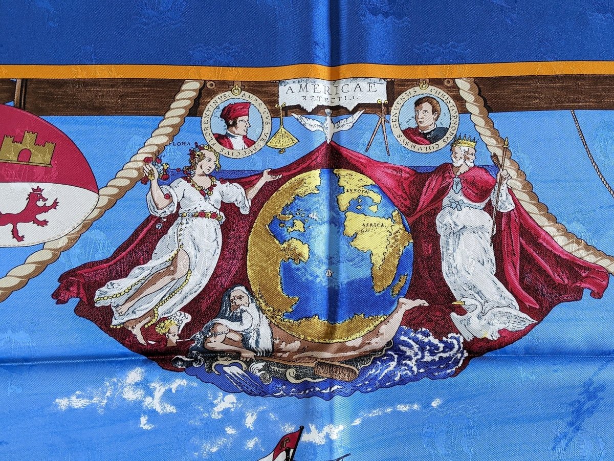 Hermes 1992 Bleu Vif CHRISTOPHE COLOMB DECOUVRE L'AMERIQUE by Carl de Parcevaux Jacquard Twill Silk, Mint!t!