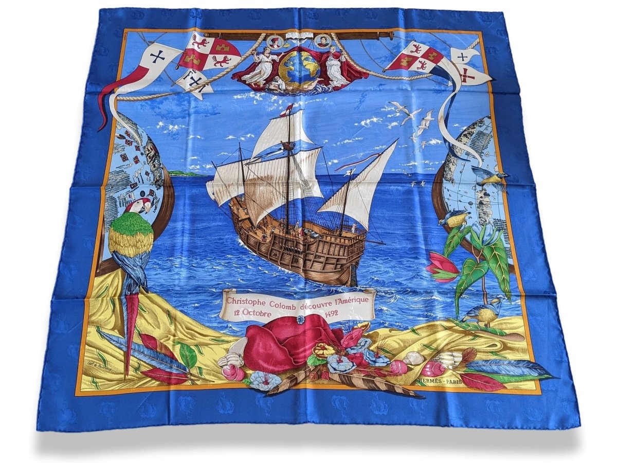 Hermes 1992 Bleu Vif CHRISTOPHE COLOMB DECOUVRE L'AMERIQUE by Carl de Parcevaux Jacquard Twill Silk, Mint!t!