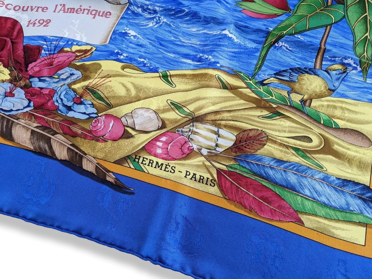 Hermes 1992 Bleu Vif CHRISTOPHE COLOMB DECOUVRE L'AMERIQUE by Carl de Parcevaux Jacquard Twill Silk, Mint!t!