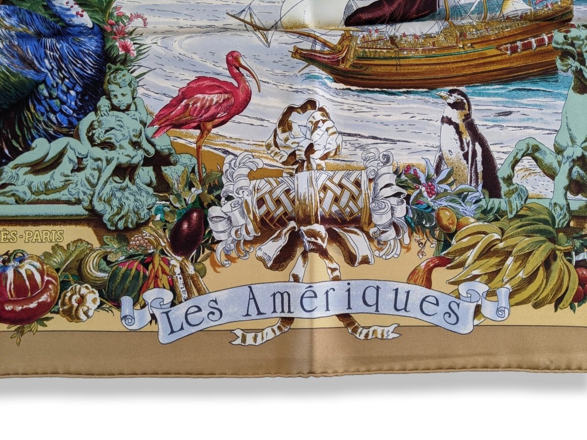 Hermes 1992 Or/Multi Les Ameriques Colombus by Kermit Oliver Twill Scarf 90, Mint!