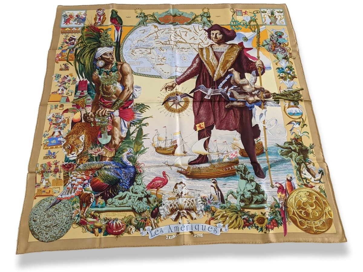 Hermes 1992 Or/Multi Les Ameriques Colombus by Kermit Oliver Twill Scarf 90, Mint!