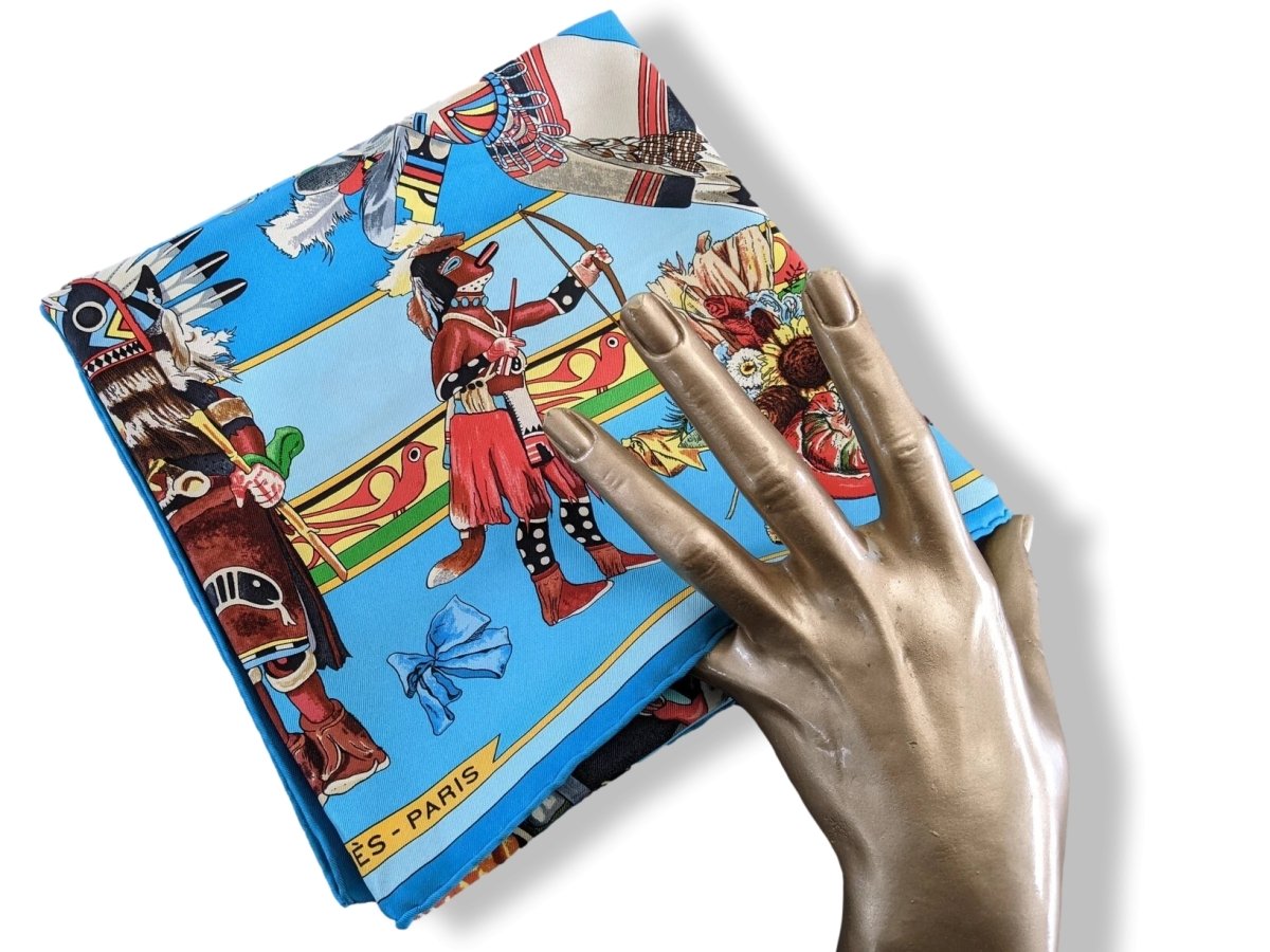 Hermes 1992 Vintage Turquoise Kachinas by Kermit Oliver with Blanc Matte Overlay Twill 90, Lovely palette!