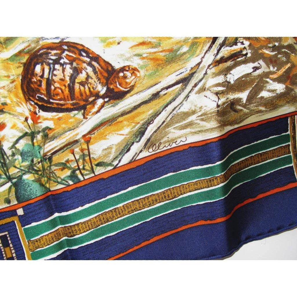 Hermes 1993 Navy Blue Plumes de L'Ouest by Kermit Oliver Blanc Matte Overlay Twill 90, New! - poupishop