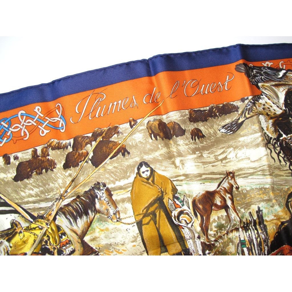 Hermes 1993 Navy Blue Plumes de L'Ouest by Kermit Oliver Blanc Matte Overlay Twill 90, New! - poupishop
