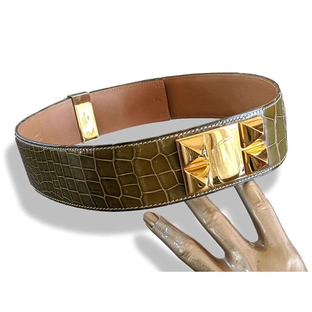 Hermes 1994 Anis Green Crocodile COLLIER DE CHIEN Belt GM Sz 74, Mint in Box!