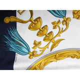 Hermes 1995 Navy White Plumes et Grelots by Julia Abadie Jacquard of Holly Silk Twill 90, Box and Overbox! - poupishop