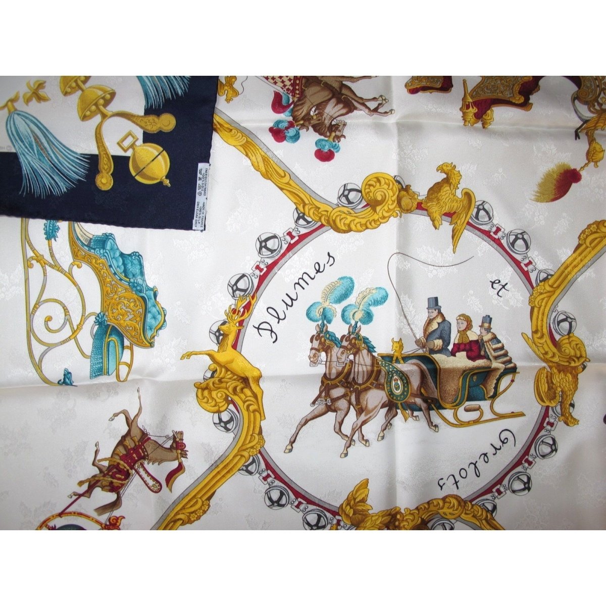 Hermes 1995 Navy White Plumes et Grelots by Julia Abadie Jacquard of Holly Silk Twill 90, Box and Overbox! - poupishop