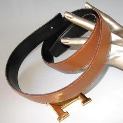 Hermes 1996 Black/Camel/Gold H Reversible Belt 