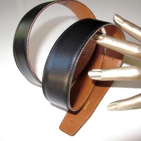 Hermes 1996 Black/Camel/Gold H Reversible Belt 