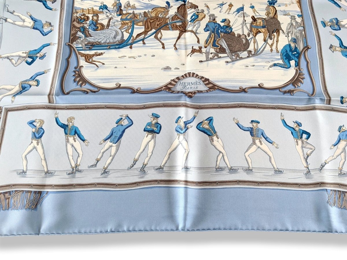Hermes 1997 Ciel/Blanc/Bleu LES PLAISIRS DU FROID by Hugo Grygkar Twill Silk 90