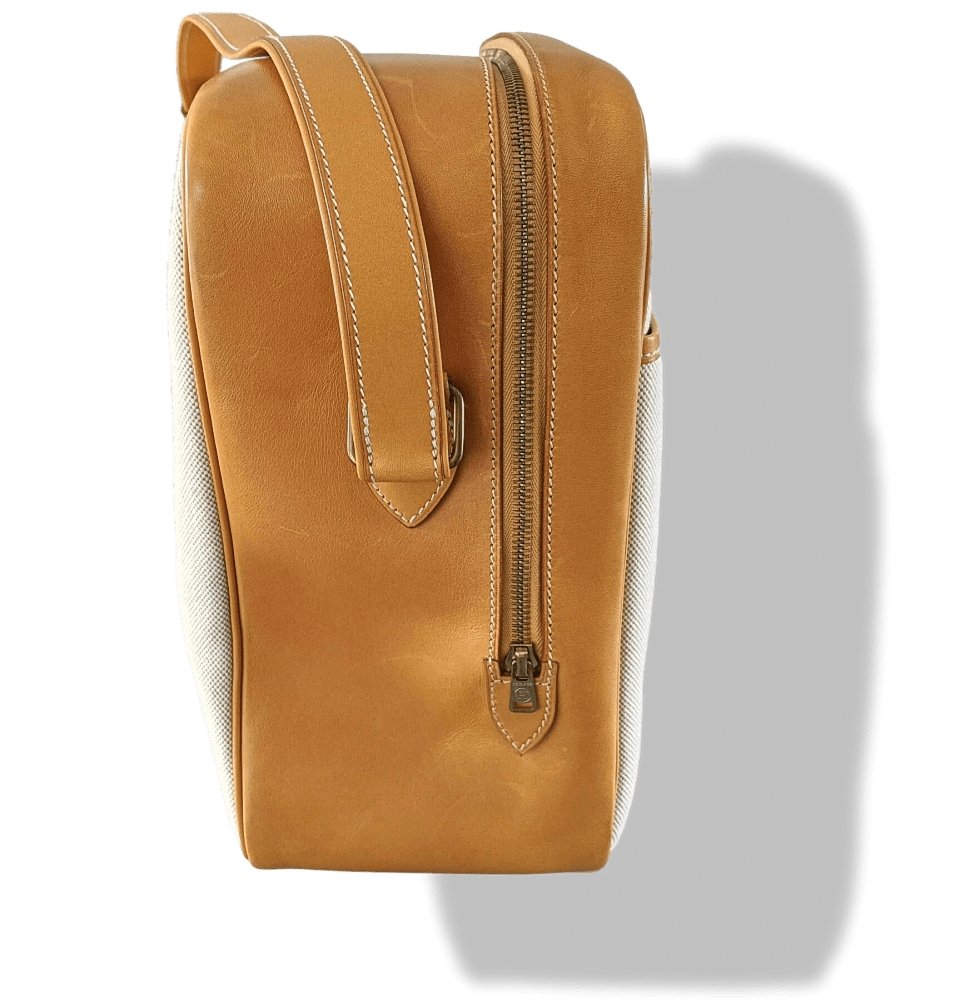 Hermes 1997 Natural Canvas and Leather VICTORIA CROSSBODY Travel Week-end Train Bag, Superb condition in Dustbag! - poupishop