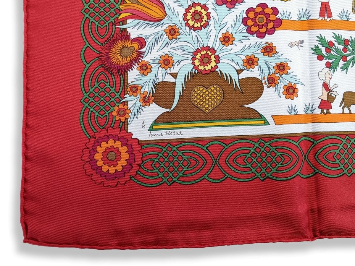 Hermes 1997 Special Issue Ltd Blanc/Rouge/vert Decoupage for Gstaad by Anne Rosat Twill 90 RARE, BNIB!