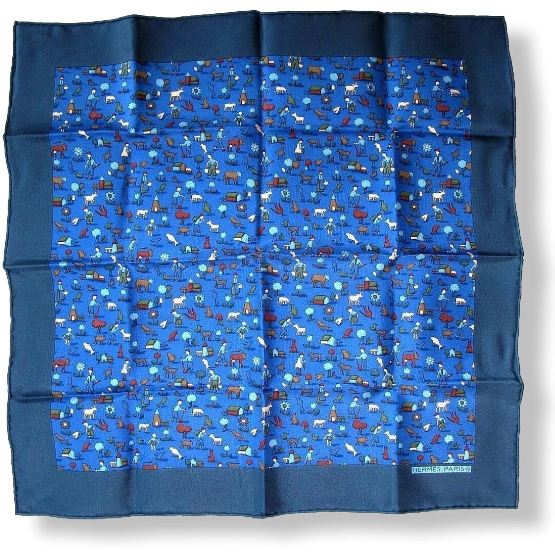Hermes 1998 Blue RECOLTE by Olivier Dumas Gavroche Pocket Scarf 42cm, NIB!