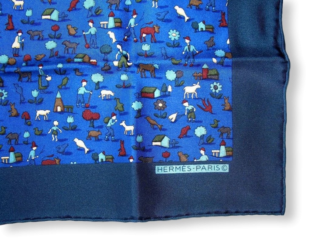 Hermes 1998 Blue RECOLTE by Olivier Dumas Gavroche Pocket Scarf 42cm, NIB!