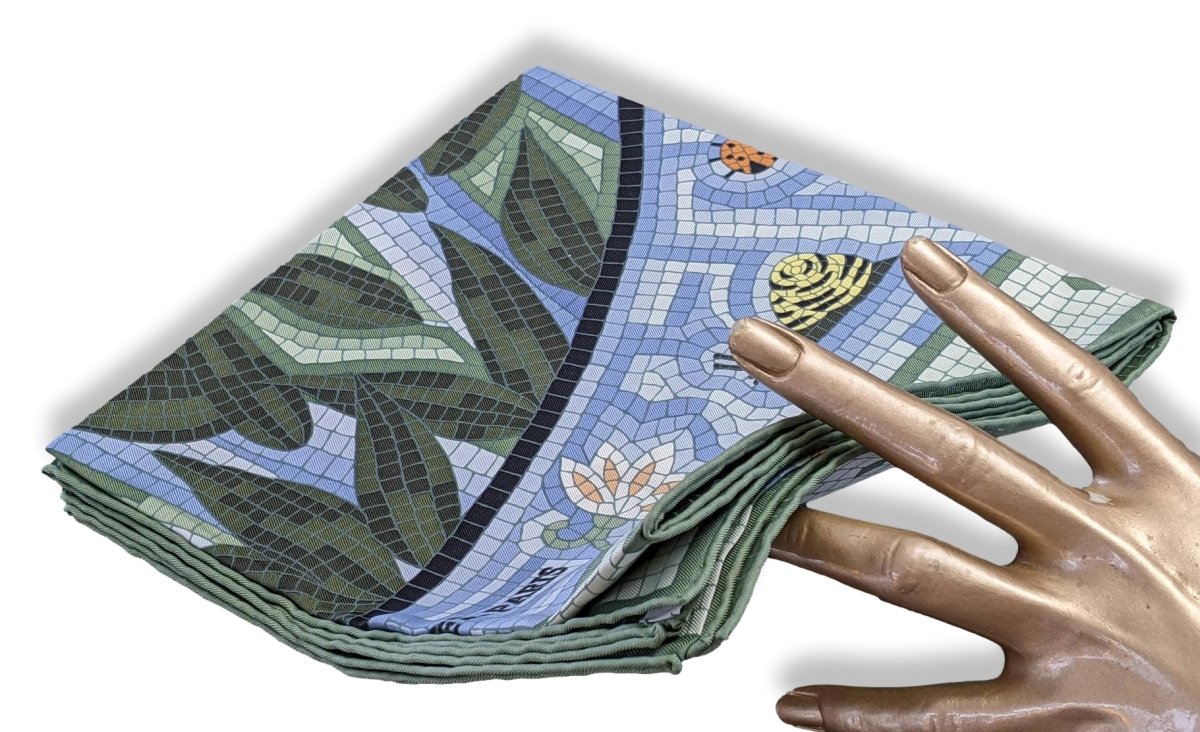Hermes 1998 Gris/Vert/Bleu Mosaics Cave Felem by Christine Henry Twill 90 Crispy Silk Rare, BNIB!!