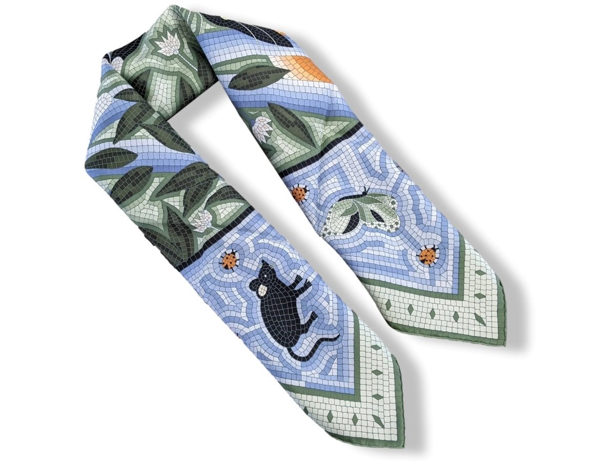 Hermes 1998 Gris/Vert/Bleu Mosaics Cave Felem by Christine Henry Twill 90 Crispy Silk Rare, BNIB!!