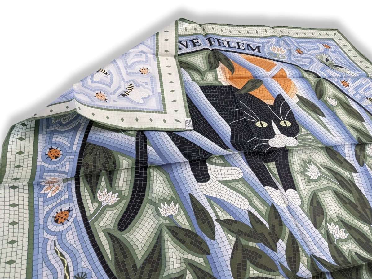 Hermes 1998 Gris/Vert/Bleu Mosaics Cave Felem by Christine Henry Twill 90 Crispy Silk Rare, BNIB!!