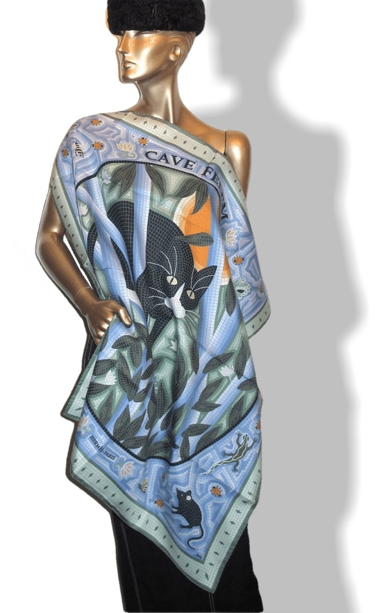 Hermes 1998 Gris/Vert/Bleu Mosaics Cave Felem by Christine Henry Twill 90 Crispy Silk Rare, BNIB!!