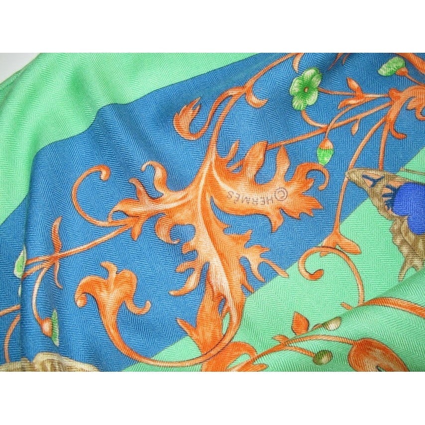 Hermes 1998 L'Heure du Printemps by Natsuno Hidaka Cashmere Shawl 140, Flaws! - poupishop