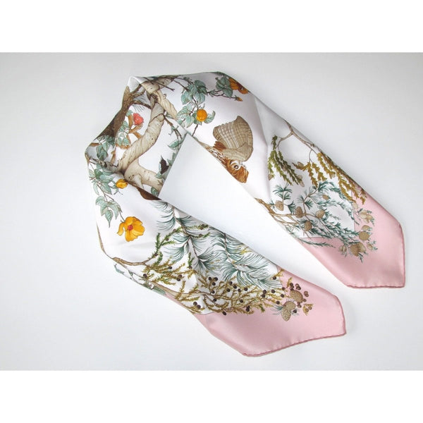 Hermes 1998 Pink White Au Coeur des Bois by Zoe Pauwels Birds Twill silk 90, New! - poupishop