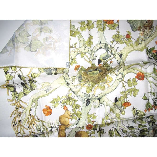 Hermes 1998 White Anis Au Coeur des Bois by Zoe Pauwels Birds Twill silk 90, New! - poupishop