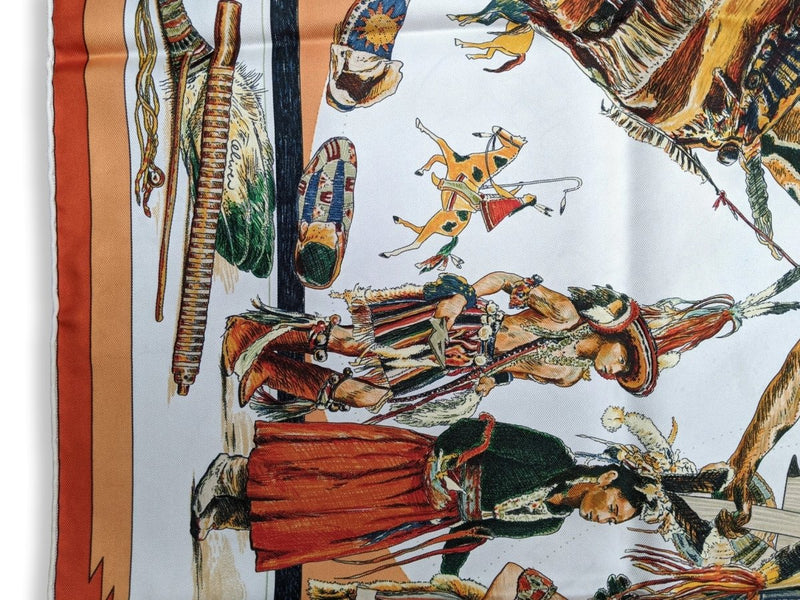 Hermes 1999 Blanc/Orange/Multi Les Danses des Indiens by Kermit Oliver Blanc Matte Overlay Twill 90, Mint!!