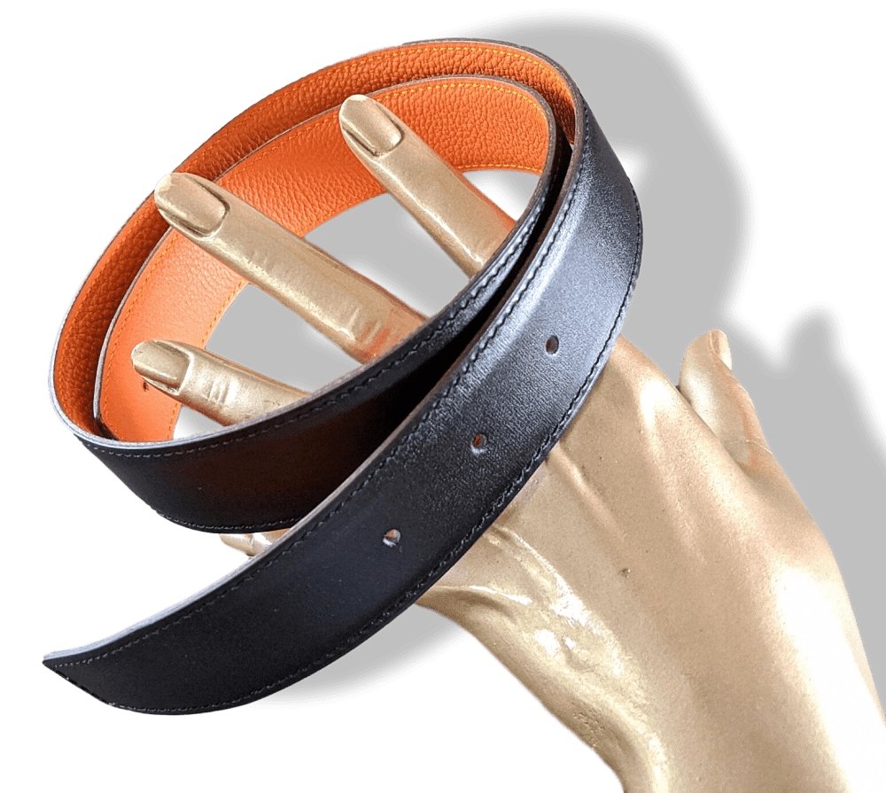 Hermes [2] 2003 Black Box/Orange Togo Reversible Leather Strap Belt 32 MM Sz75, NIB! - poupishop