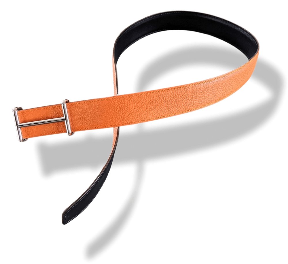 Hermes [2] 2003 Black Box/Orange Togo Reversible Leather Strap Belt 32 MM Sz75, NIB! - poupishop