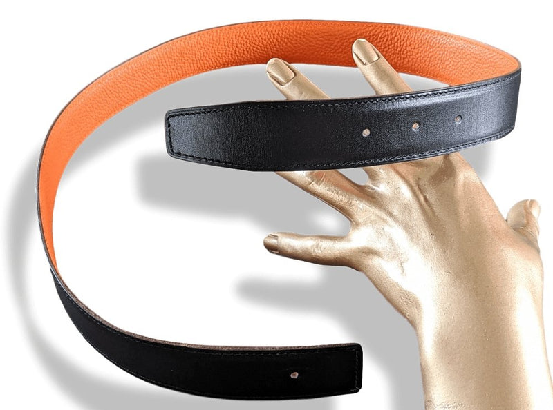 Hermes [2] 2003 Black Box/Orange Togo Reversible Leather Strap Belt 32 MM Sz75, NIB! - poupishop