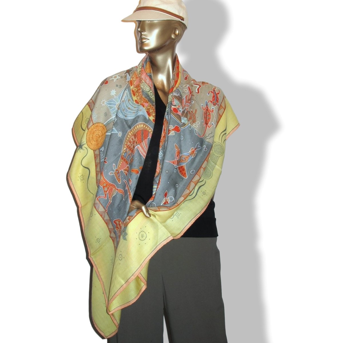 Hermes 2000 Jaune/Celadon/Corail REVE D'AUSTRALIE by Zoe Pauwels Cashmere Shawl 140
