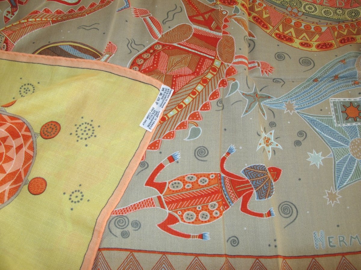 Hermes 2000 Jaune/Celadon/Corail REVE D'AUSTRALIE by Zoe Pauwels Cashmere Shawl 140