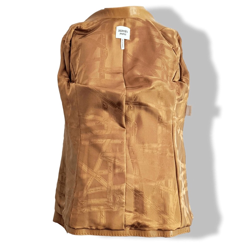 Hermes 2000s Gold Fauve Lambskin & Monogram Bolduc Silk Jacket Sellier Silk Sz38, Extra Supple, BNEW!