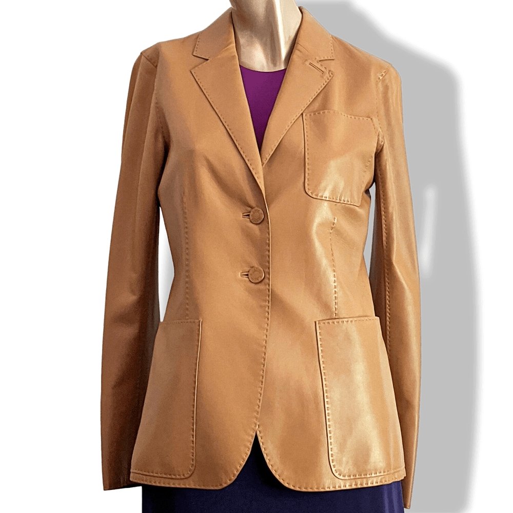 Hermes 2000s Gold Fauve Lambskin & Monogram Bolduc Silk Jacket Sellier Silk Sz38, Extra Supple, BNEW!