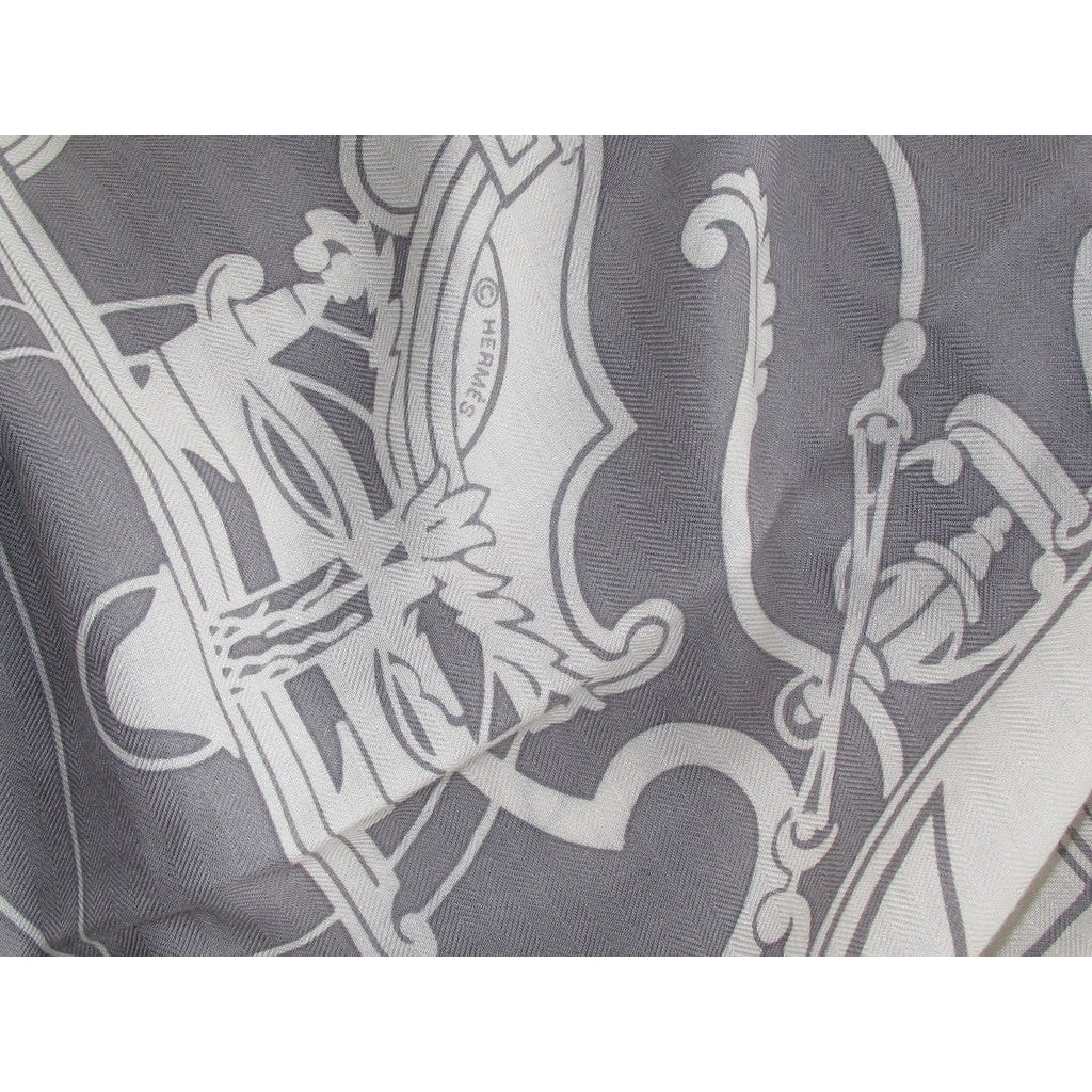 Hermes 2000s Grey/White Ex Libris Cashmere Shawl 140, Box! - poupishop