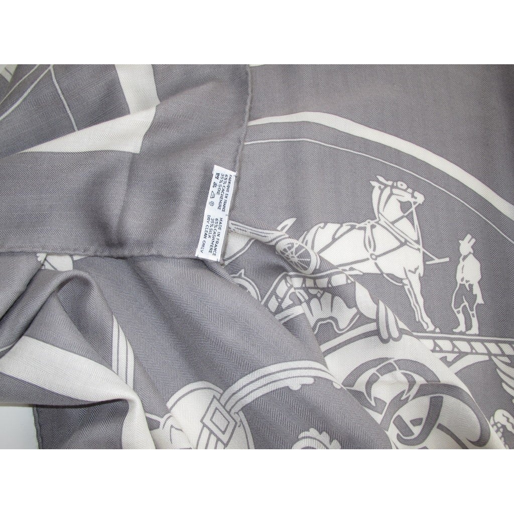 Hermes 2000s Grey/White Ex Libris Cashmere Shawl 140, Box! - poupishop