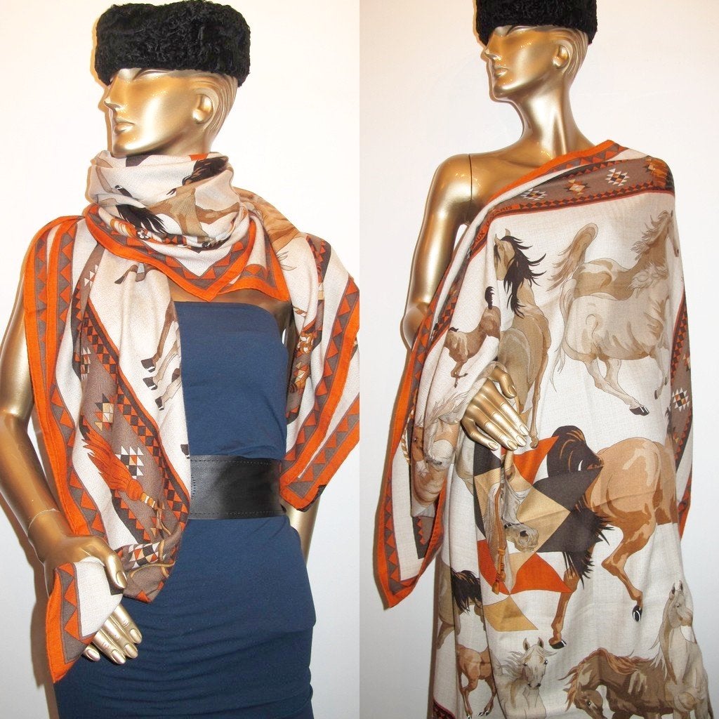 Hermes 2000s Orange/Natural Les Chevaux Qataris Cashmere Shawl 140 - poupishop