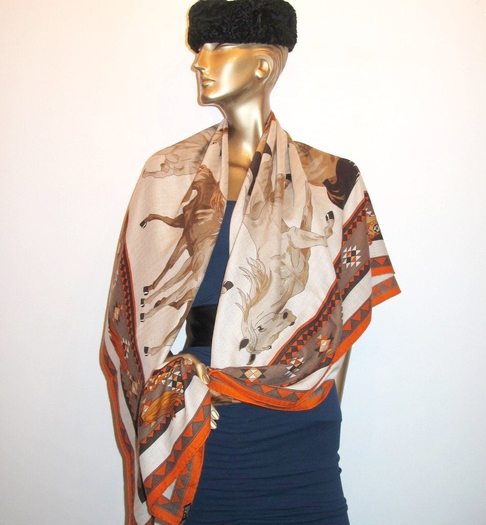 Hermes 2000s Orange/Natural Les Chevaux Qataris Cashmere Shawl 140 - poupishop