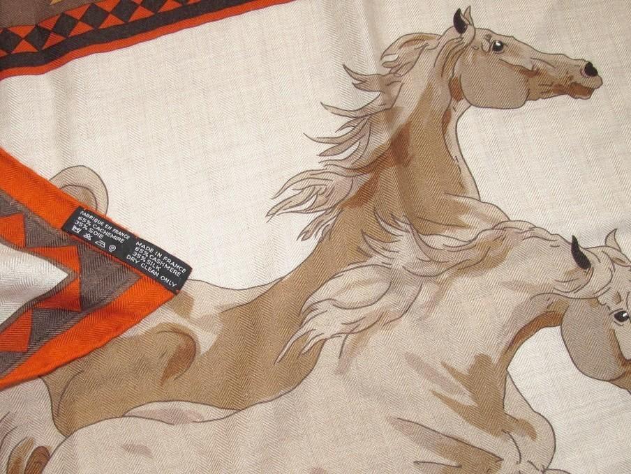 Hermes 2000s Orange/Natural Les Chevaux Qataris Cashmere Shawl 140 - poupishop