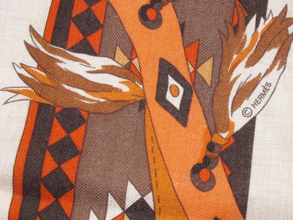 Hermes 2000s Orange/Natural Les Chevaux Qataris Cashmere Shawl 140 - poupishop