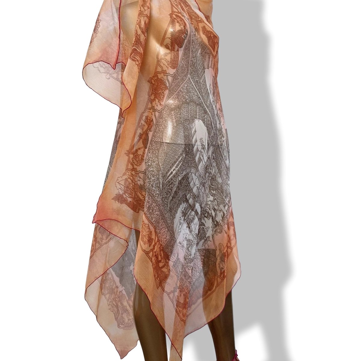 Hermes 2000s Orange/Rose Changeante SPLENDEUR DES MAHARAJAS Old Parchment Effect Mousseline Dress, RARE!