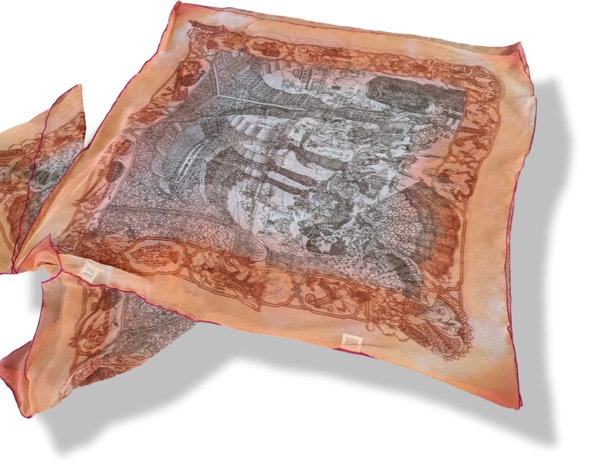 Hermes 2000s Orange/Rose Changeante SPLENDEUR DES MAHARAJAS Old Parchment Effect Mousseline Dress, RARE!